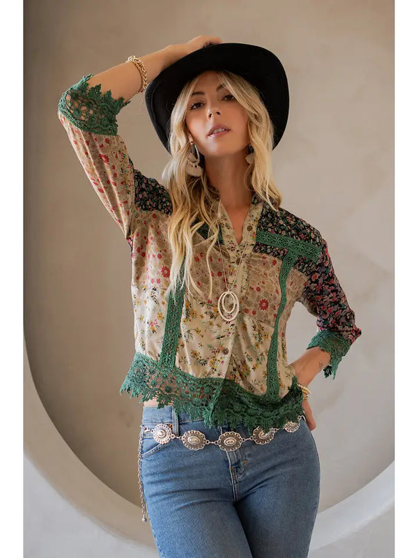 Boho Patchwork Crochet Detail Jacket Basil