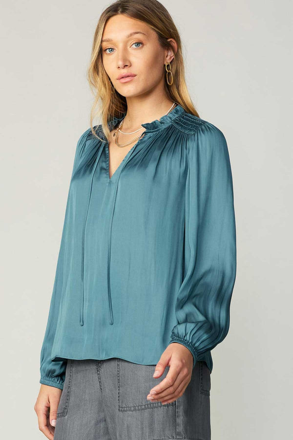 Self Tie Ruffle Smocked Detail Blouse Aegean Blue