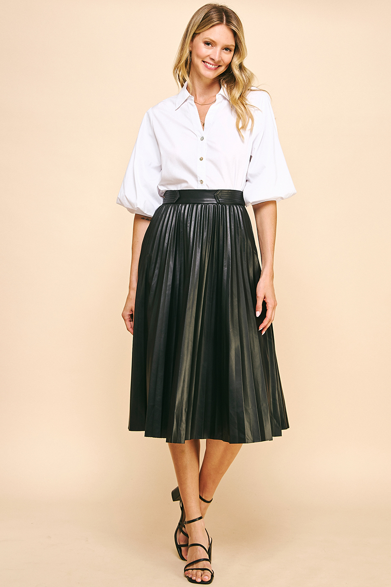 Leather Pleated Tab Waist Midi Skirt Black