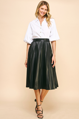 Leather Pleated Tab Waist Midi Skirt Black