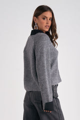 Cropped Sweater Two Fer Collar Top Grey + Black