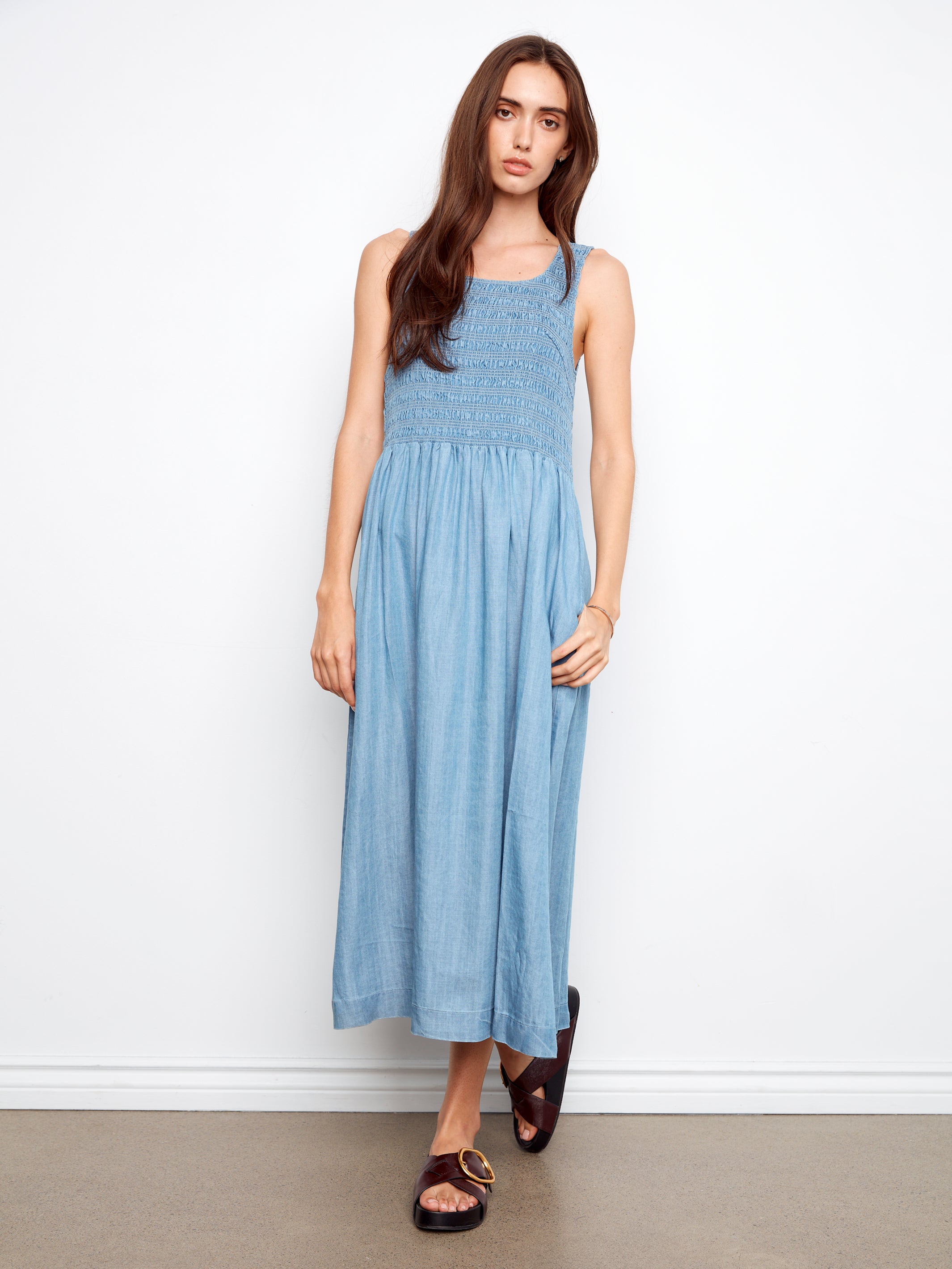 Smocked Bodice Tencel Maxi Dress Soft Blue