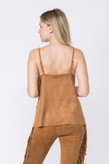 Double Layered Fringe Suede Cami Camel