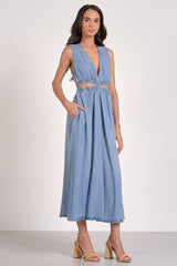 Side Cutout Denim Midi Sleeveless Dress Denim Blue