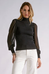 Sheer Puff Sleeve Mix Media Mock Neck Top Black