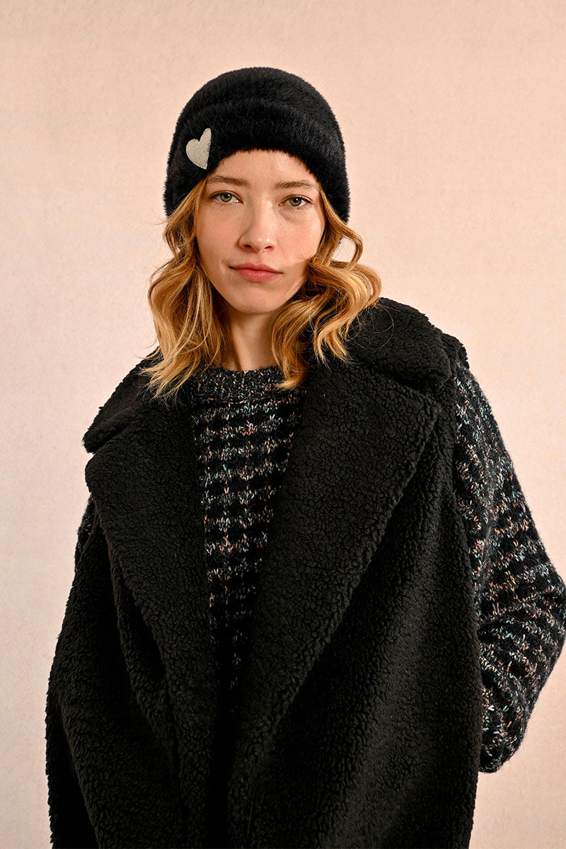 Embroidered Heart Fuzzy Beanie Black