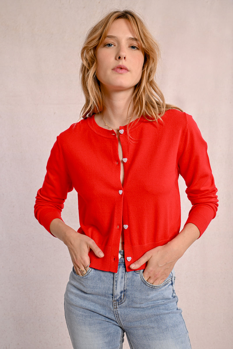 Heart Button Cardigan Red