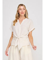 Button Down Stripe Tie Front Top Natural