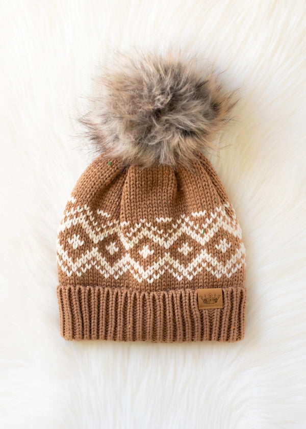 Winter Pattern Pom Hat Brown & Speckled