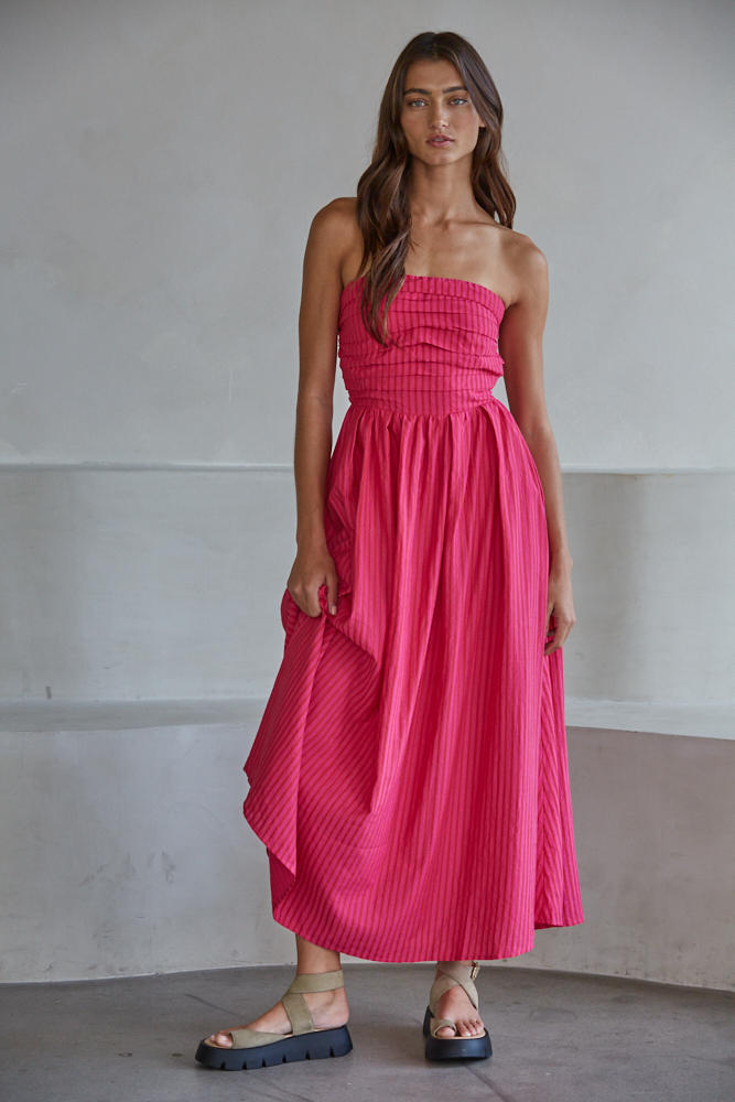 Striped Strapless Smocked Back Maxi Dress Pink