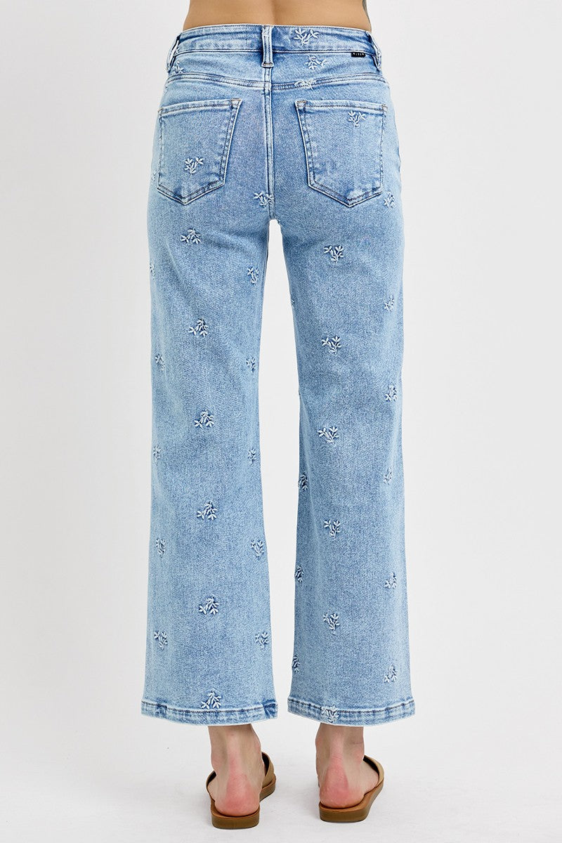 Embroidered Floral High Rise Crop Jeans Light