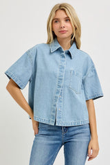 Oversize Half Sleeve Crop Denim Shirt Light