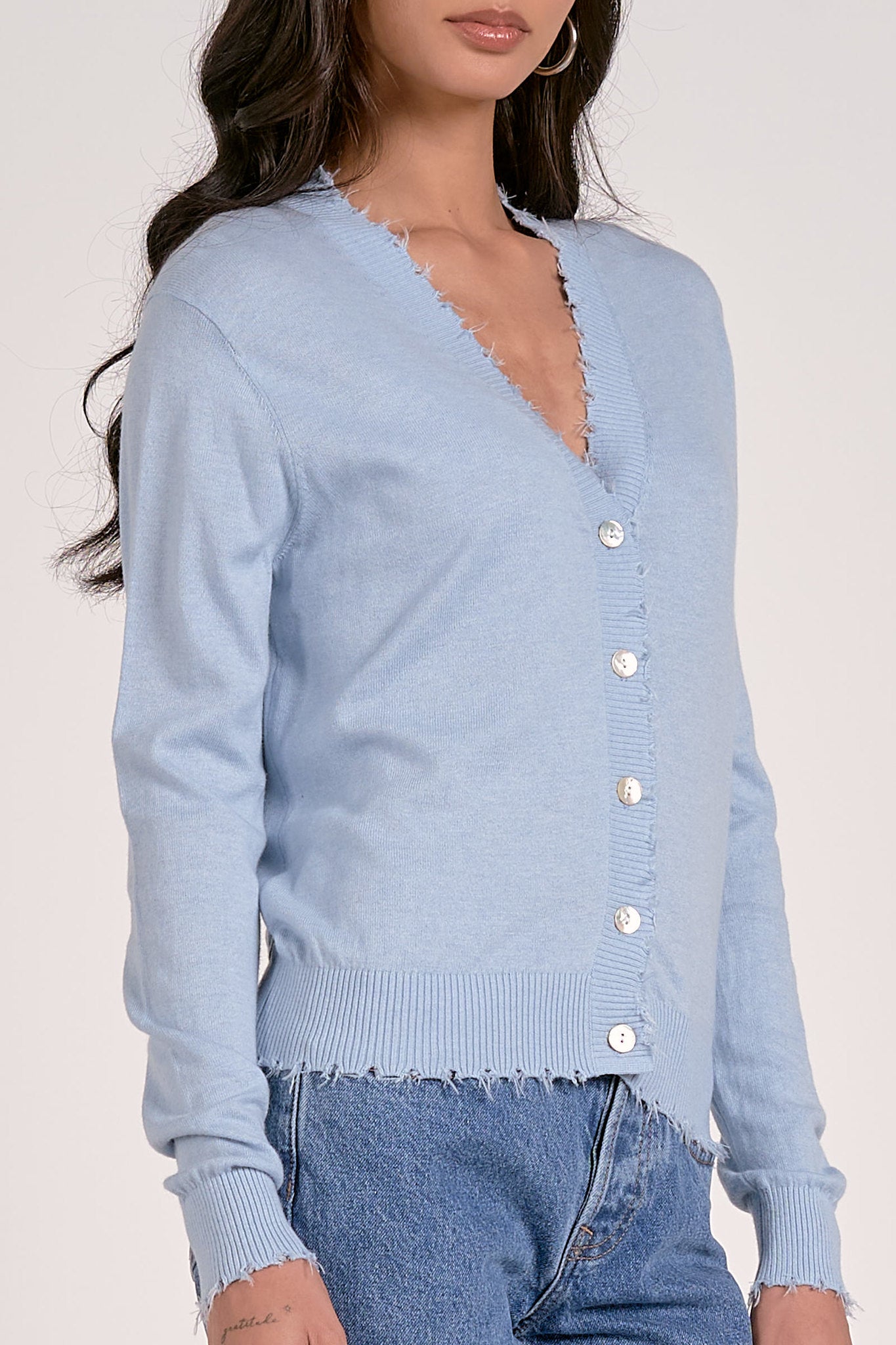 Frayed Hem Button Up Cardi Light Blue