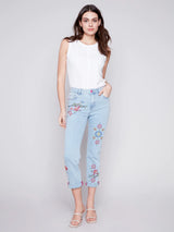 Five Pocket Embroidered Jeans Bleach Blue