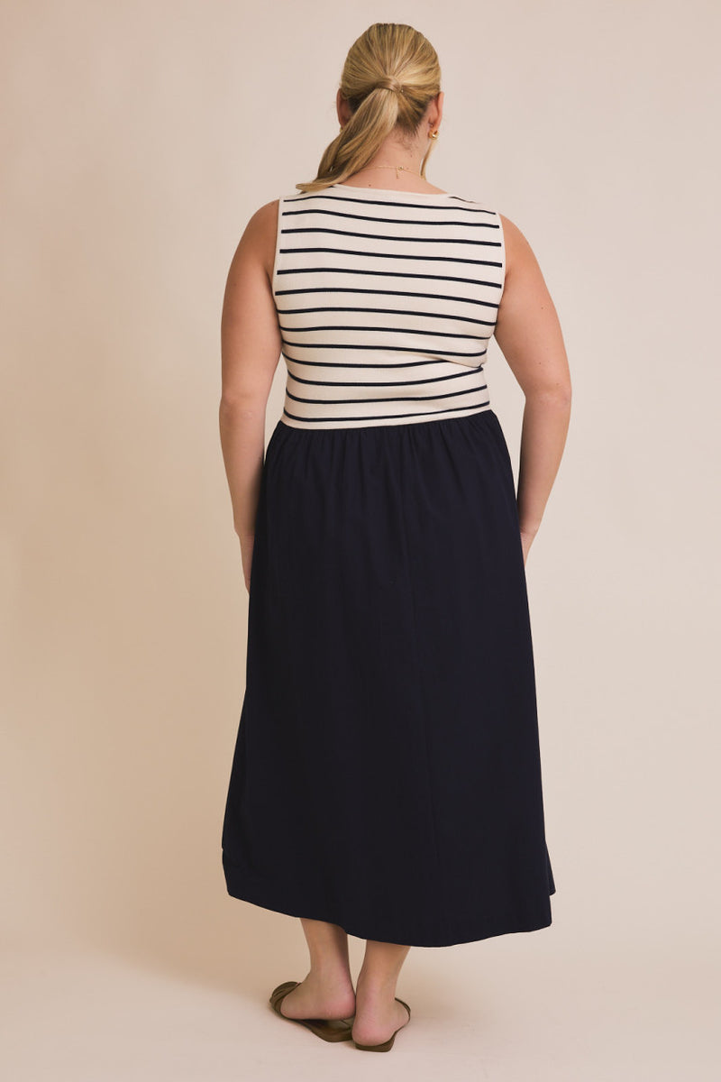 Knit Woven Mix Striped Scoop Neck Solid Skirt Dress Cream + Navy