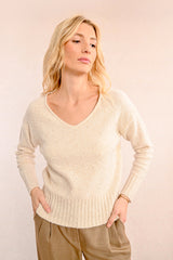 Sparkled Details Ribbed Hem Vneck Sweater Off White