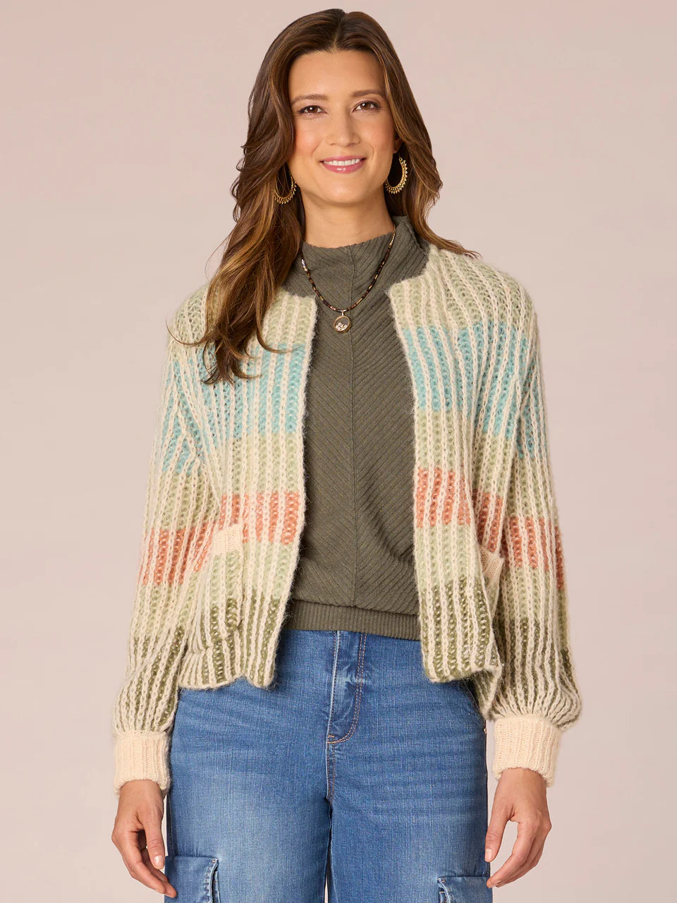 Knit Stripe Multicolor Blouson Sleeve Cardi Ivory Multi