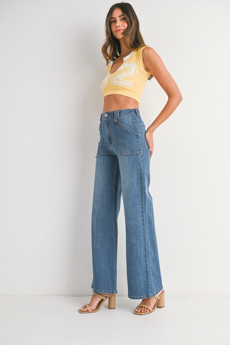 Patch Pocket Wide Leg Flare Jeans Medium Denim