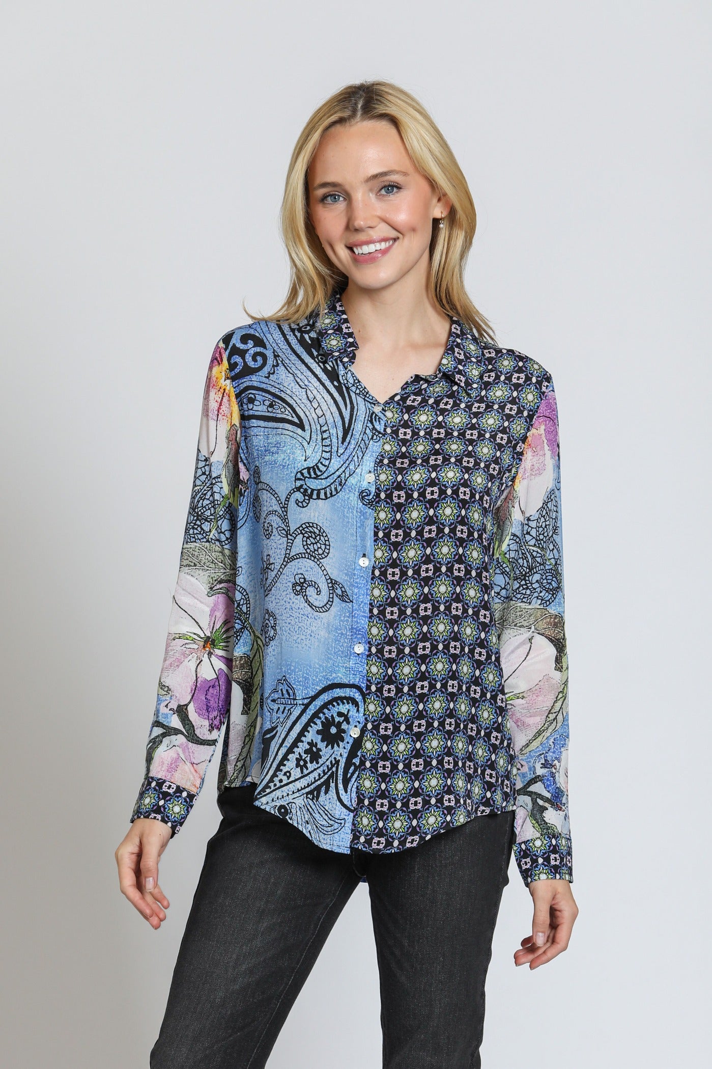 Mixed Print Button Up Rolled Sleeve Shirt Blue Multi