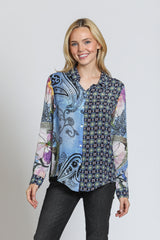 Mixed Print Button Up Rolled Sleeve Shirt Blue Multi