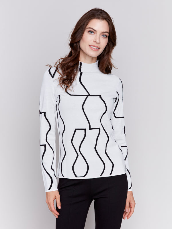 Gutsy Print Mock Neck Knit Sweater Black + Cream
