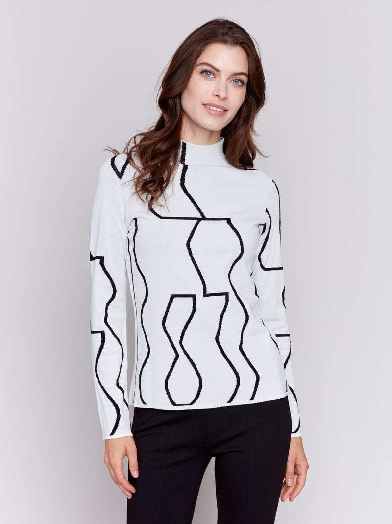 Gutsy Print Mock Neck Knit Sweater Black + Cream