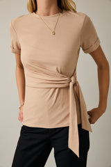 Round Neck Waist Tie Folded Sleeve Top Taupe
