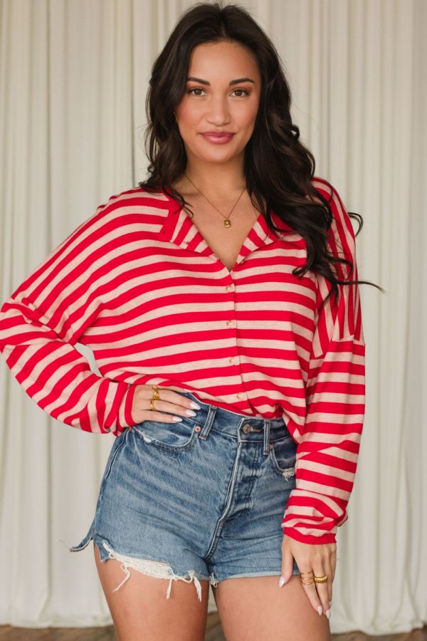 Striped Relax Fit Button Cardigan Red