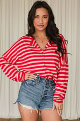 Striped Relax Fit Button Cardigan Red