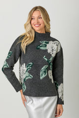 Oversize Floral Print Funnel Neck Sweater Charcoal