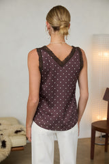 Polka Dot Satin Lace Trim Tank Brown + Ivory
