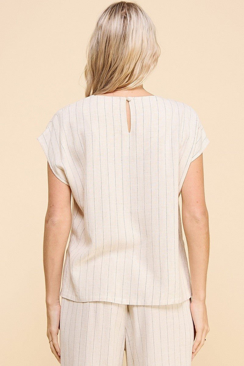 Pinstripe Vneck Linen Top Natural Stripe