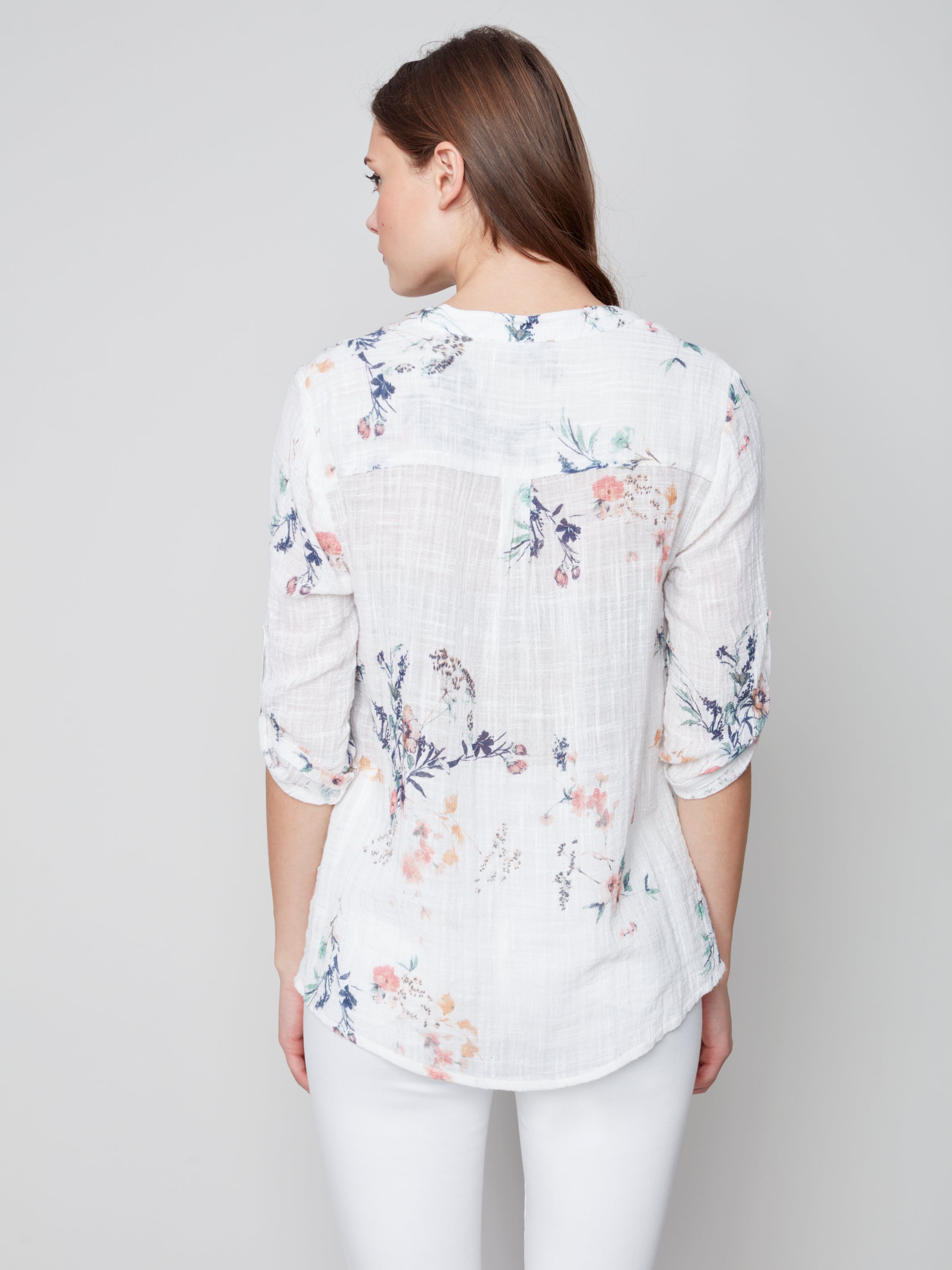Printed Half Button Cotton Gauze Blouse Bouquet