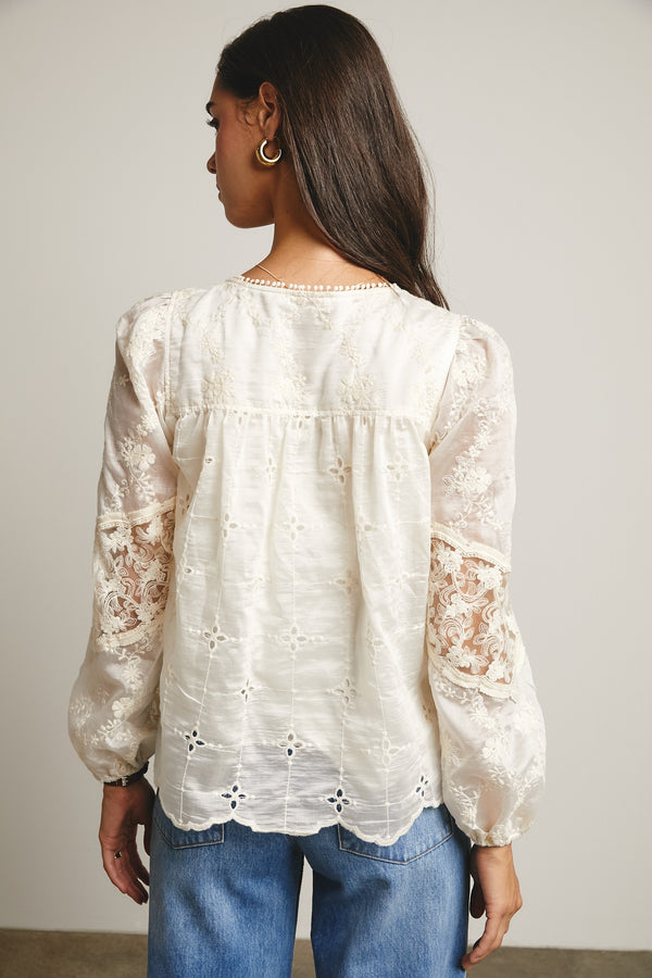 Embroidered Lace Puff Sleeve Blouse Ecru