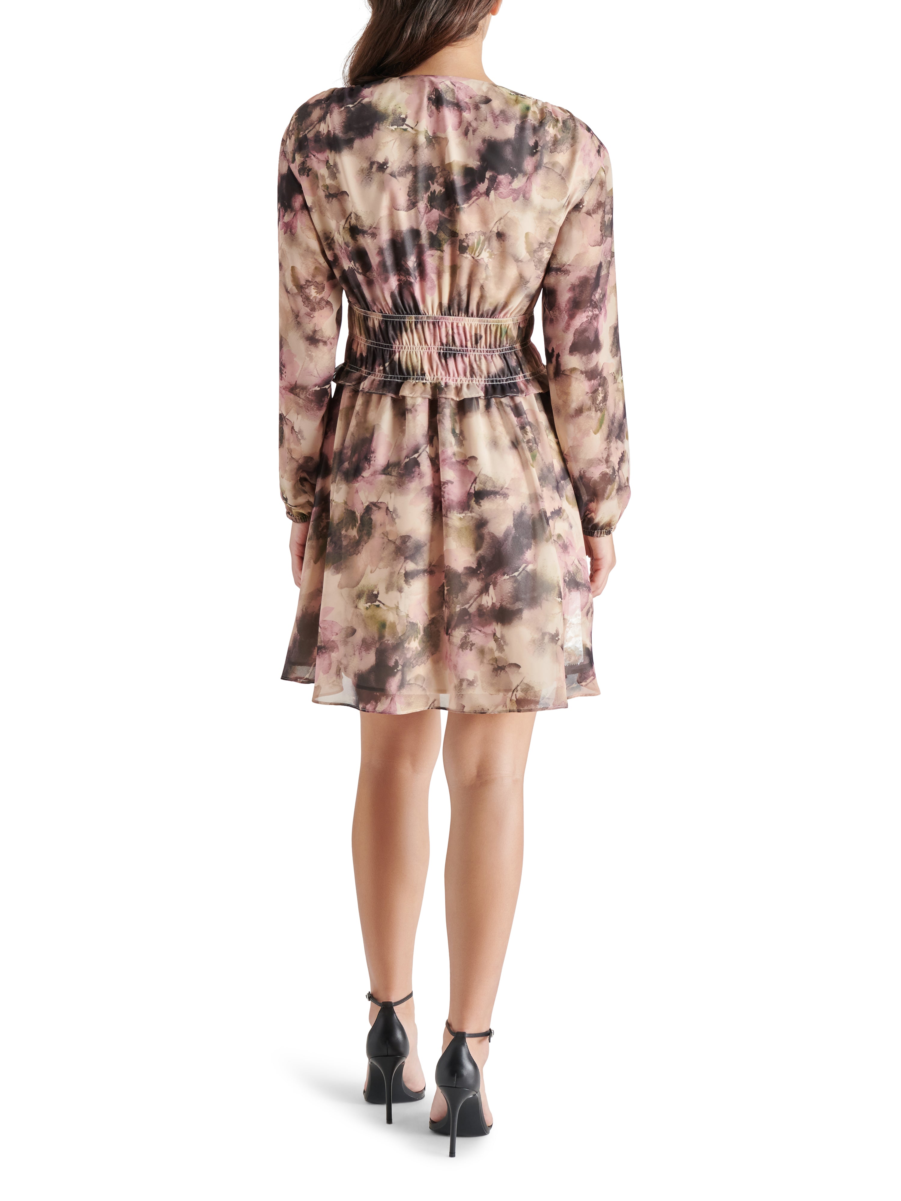Fiora Smock Waist Camo Watercolor Chiffon Mini Dress Autumn Mauve