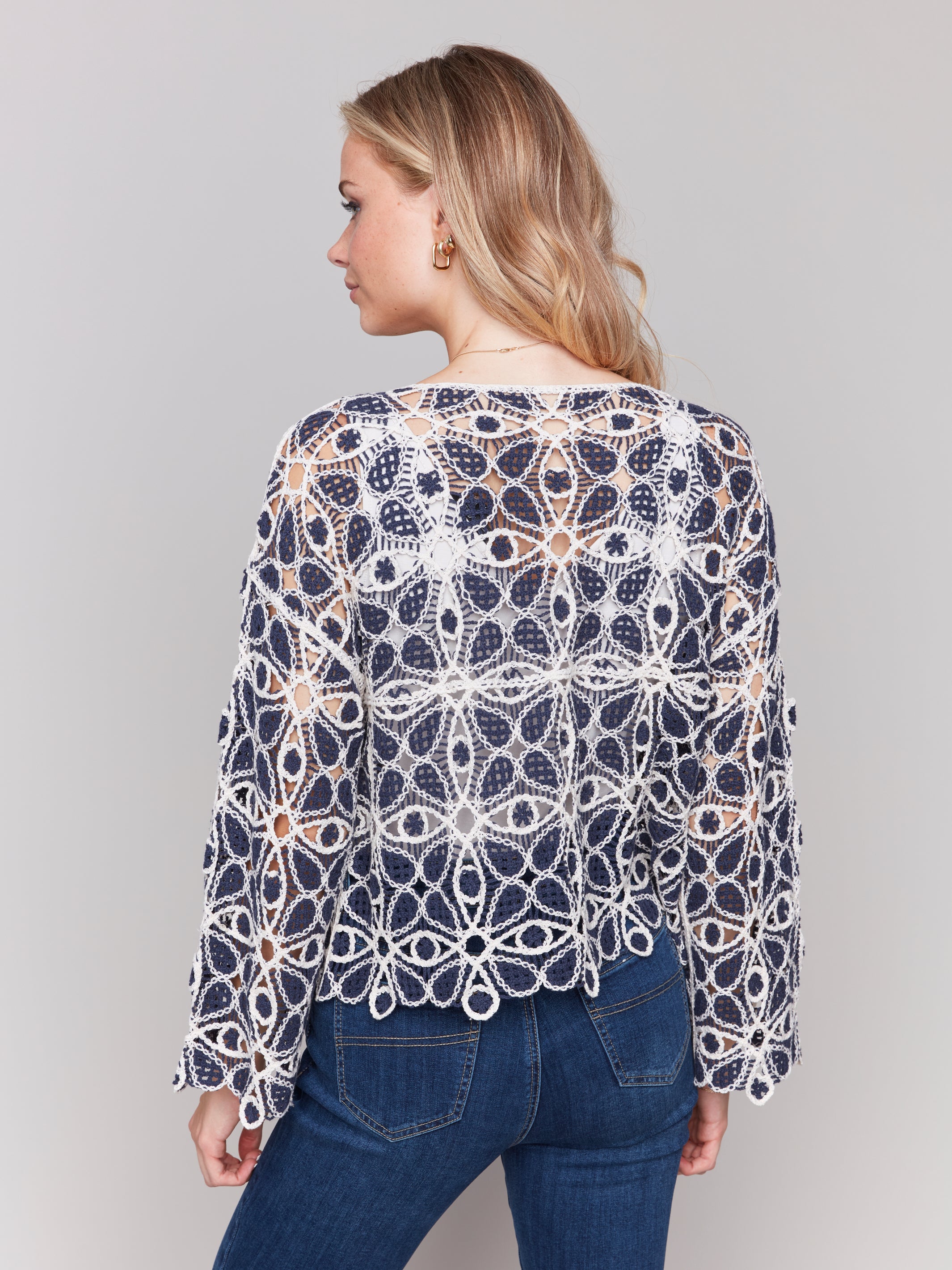 Mix Pattern Crochet Wide Sleeve Blouse Denim