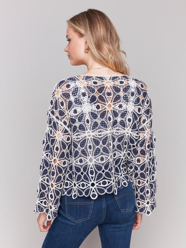 Mix Pattern Crochet Wide Sleeve Blouse Denim