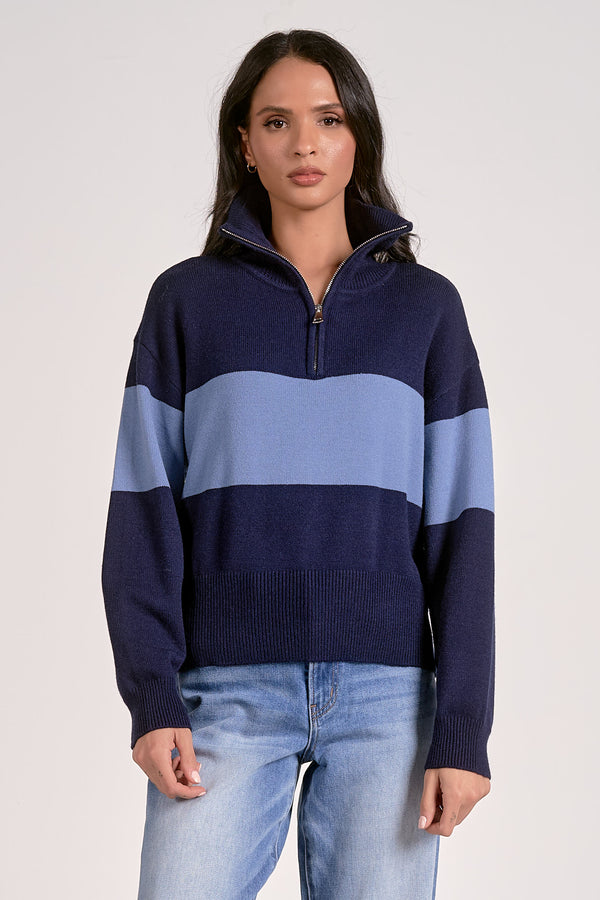 Quarter Zip Colorblock Pullover Navy + Light Blue