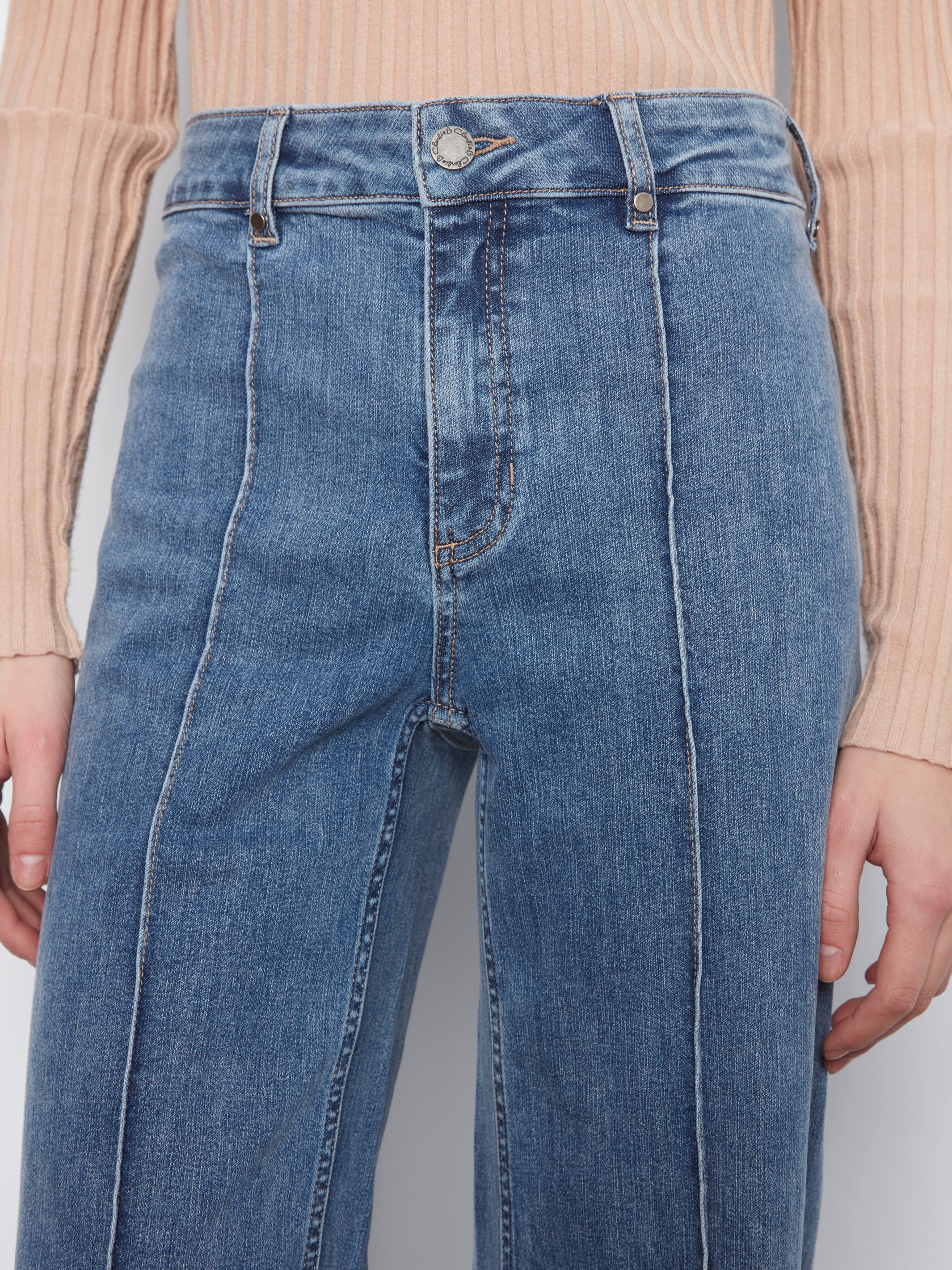 Pintuck Wide Leg Stretch Jeans Medium Blue
