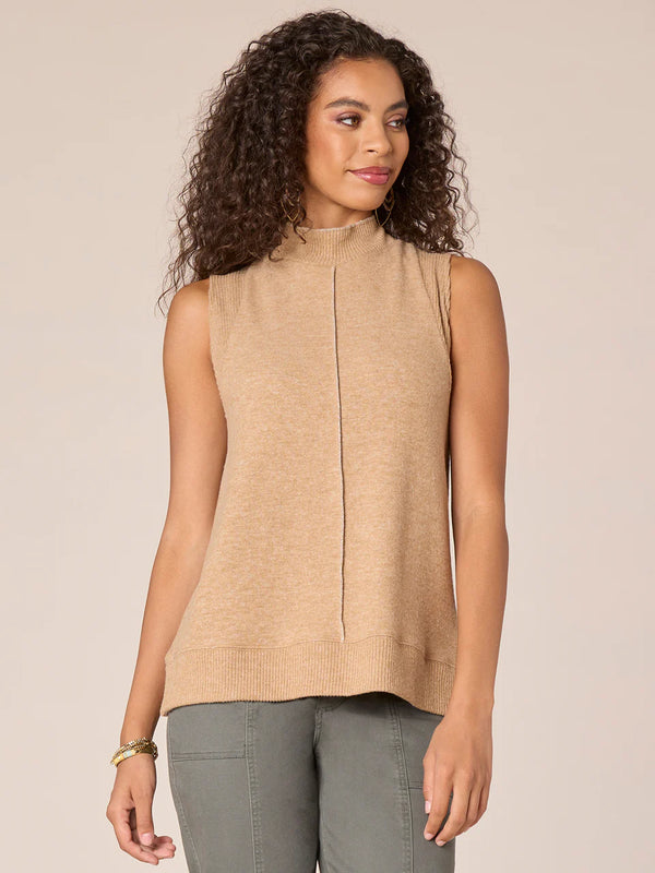 Sleeveless Mock Neck Mix Media Metallic Seam Top Heather Caramel Brown