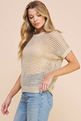 Open Weave Foil Knit Crochet Short Sleeve Cream Gold