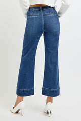 High Rise Pintuck Patch Pocket Crop Wide Leg Jeans Dark