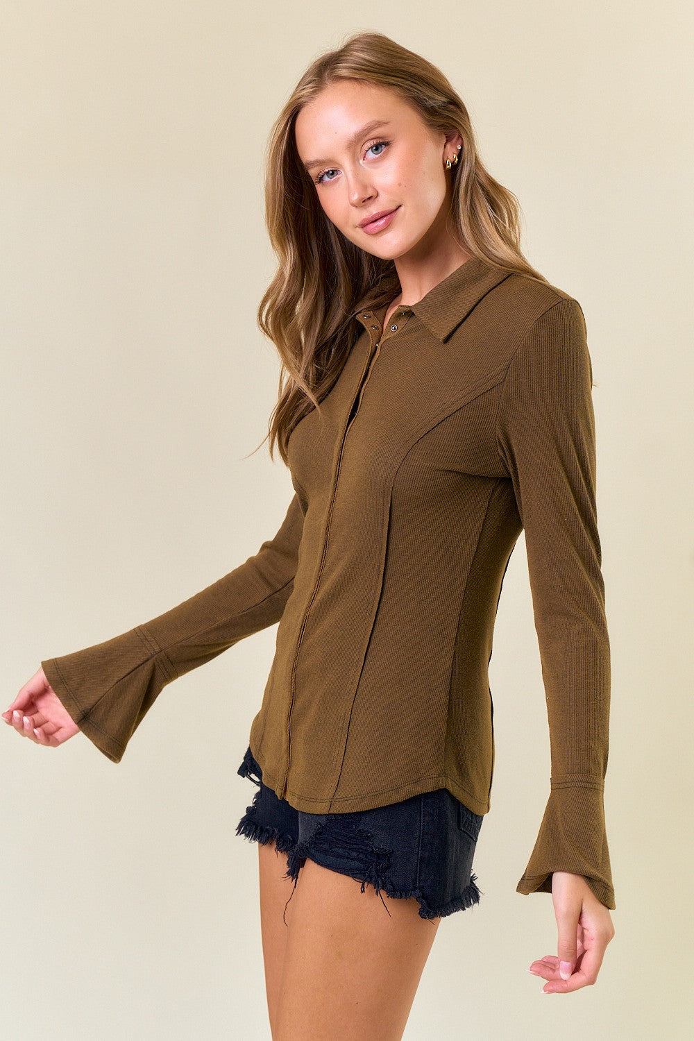 Vintage Washed Snap Button Front Bell Sleeve Shirt Olive