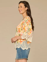 Peplum Crochet Scallop Hem Kimono Top Lemon Tangerine Multi