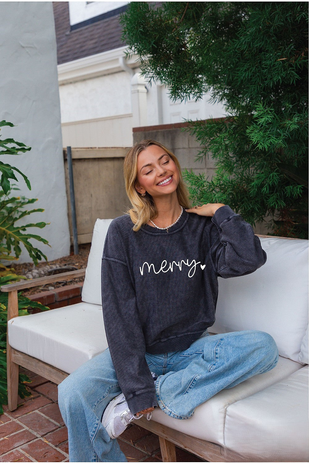 Merry Heart Cropped Thermal Vintage Pullover Charcoal