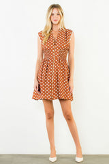 Polka Dot Smock Waist Crochet Trim Midi Dress Rust