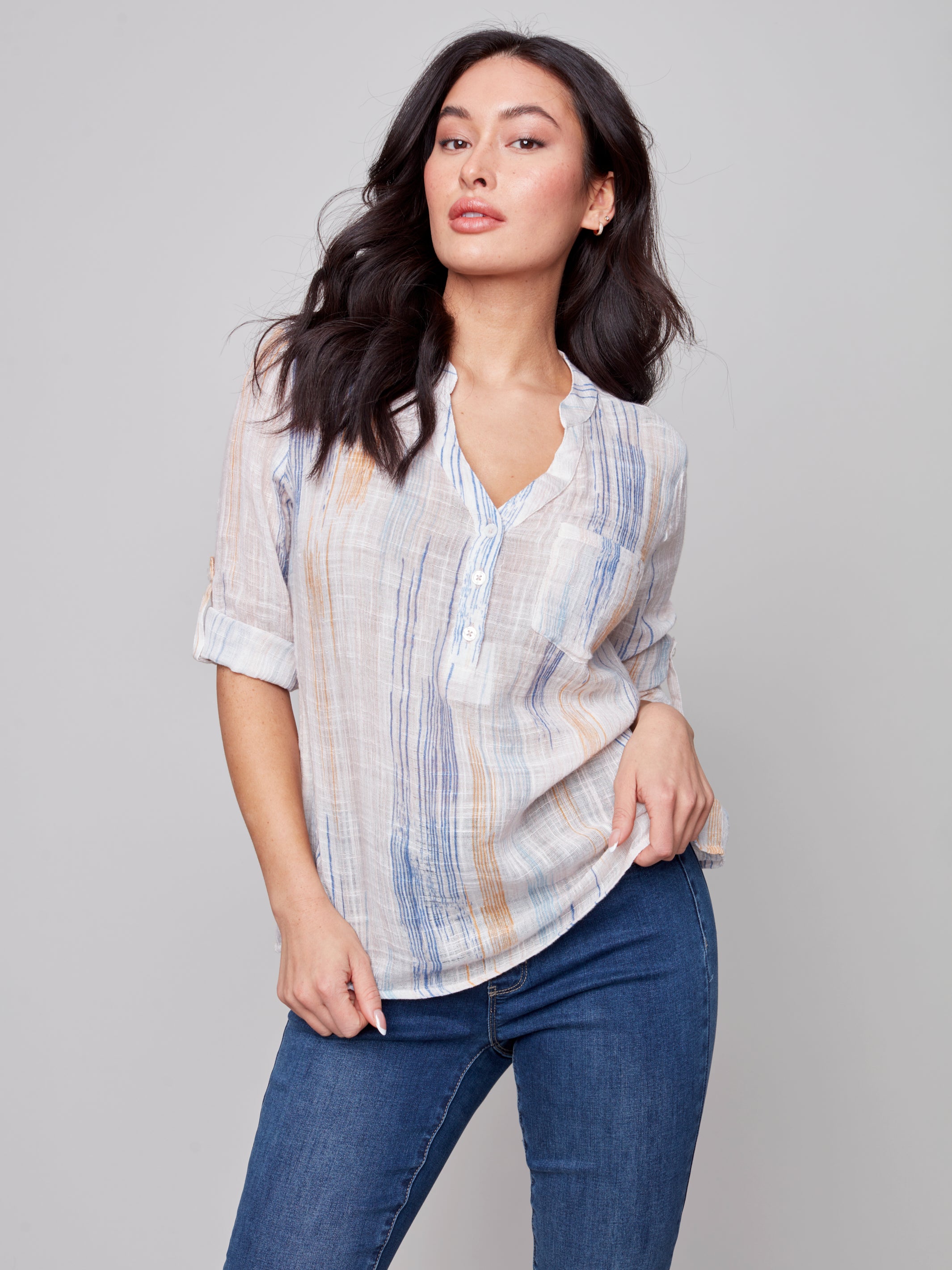 Printed Half Button Cotton Gauze Blouse Brushes