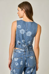 Daisy Printed Denim Vest Light Denim Blue
