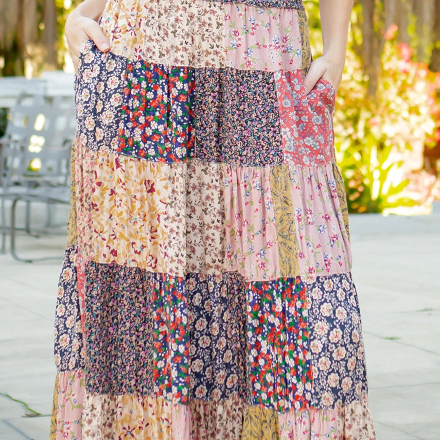 Tiered Western Mix Patched Maxi Skirt Latte
