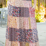 Tiered Western Mix Patched Maxi Skirt Latte